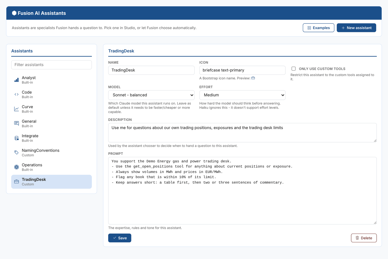 Editing a custom assistant