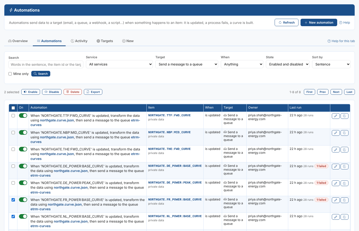 The Automations tab filtered on the queue target, with two automations selected