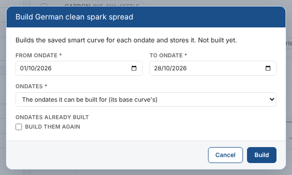 Build German clean spark spread, from 1 October to 28 October 2026, for the ondates of its base curve