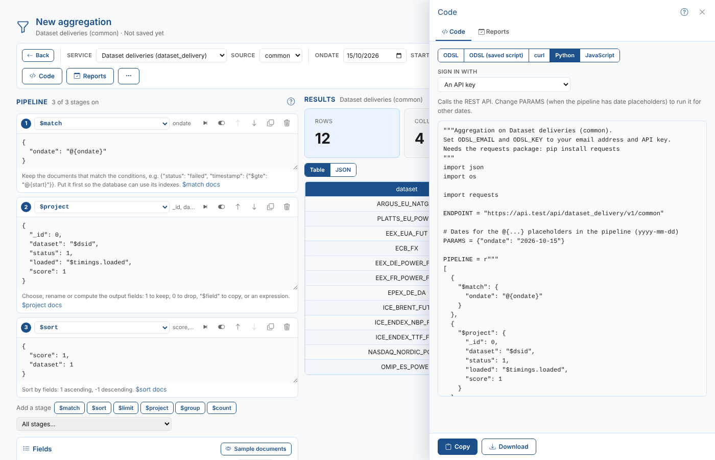 The Python code for the dataset deliveries aggregation