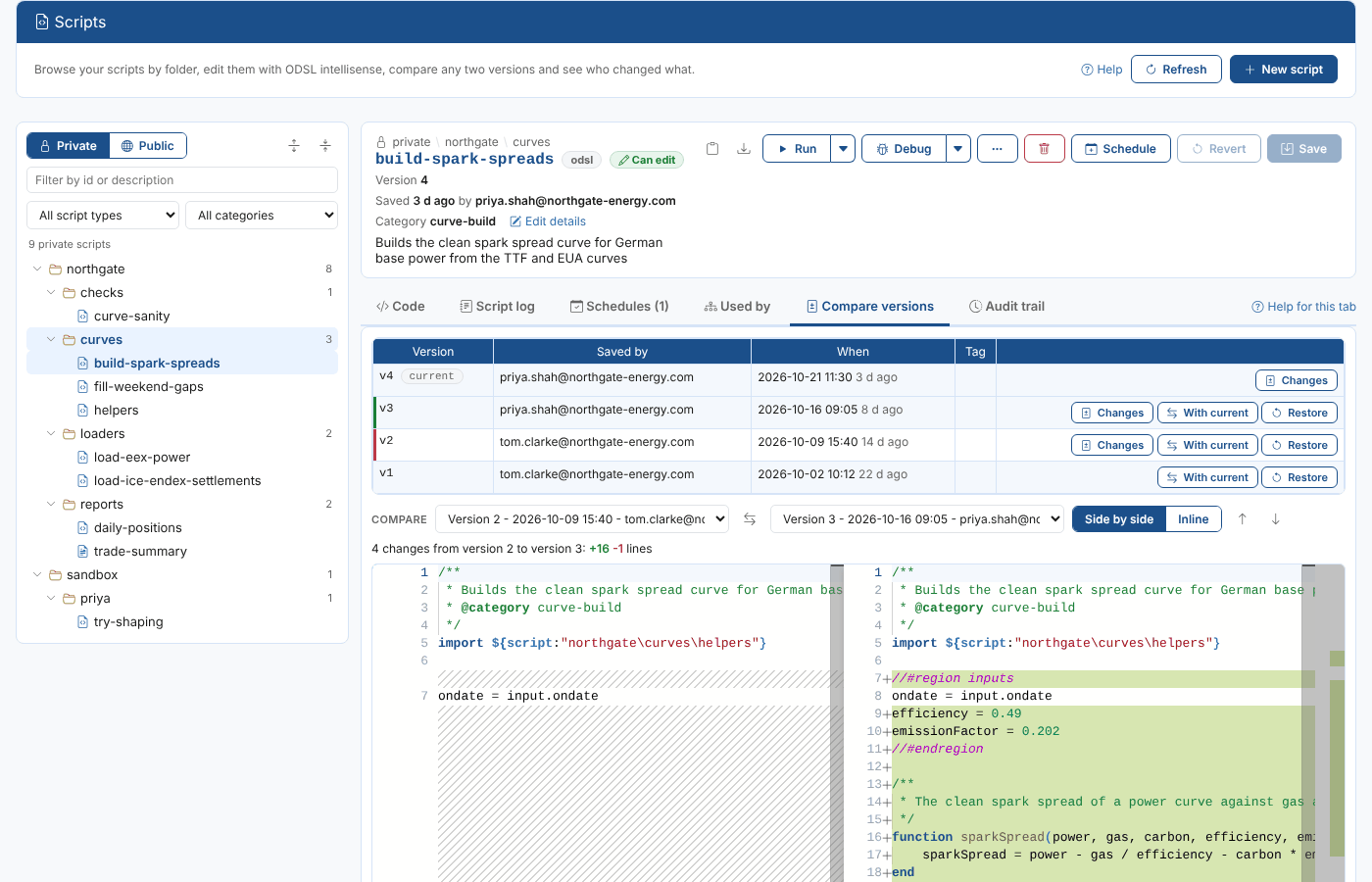 Version 2 and version 3 of the spark spread script side by side