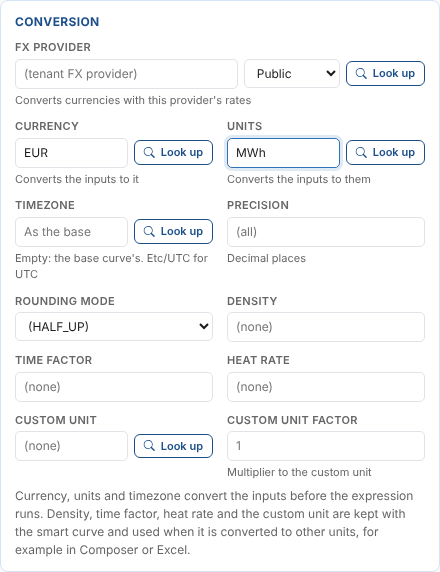 The Conversion card with currency EUR and units MWh