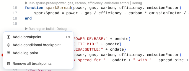 The breakpoint menu on line 22 of the spark spread script