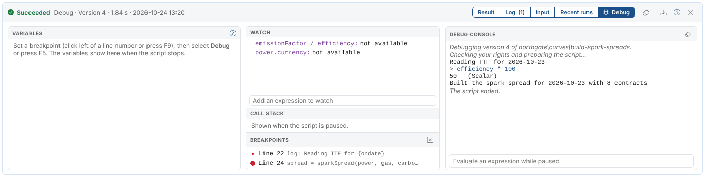 The end of the debug session: the debug console with the log point message and the printed line