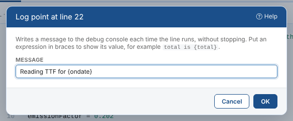 The log point on line 22, which writes the ondate of the TTF curve it reads