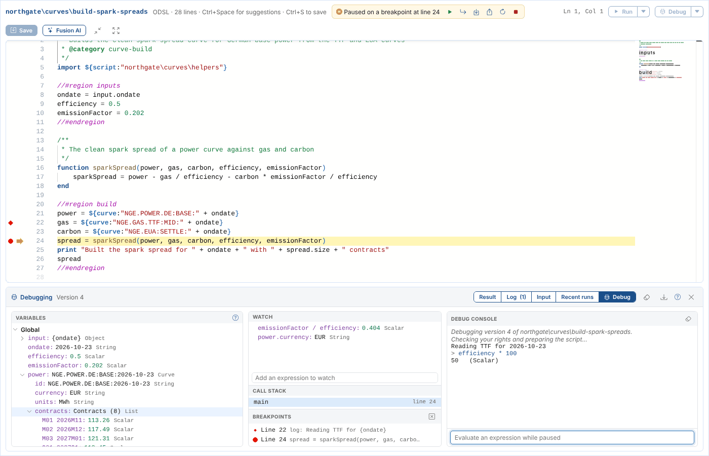 The spark spread script paused at line 24, with its variables, two watches and the debug console