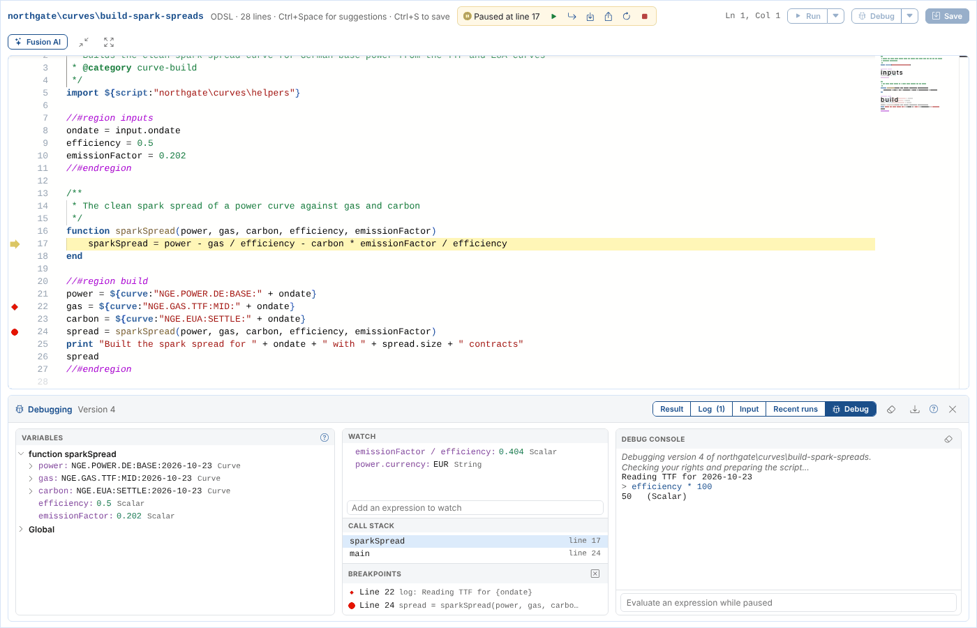 Stopped inside sparkSpread on line 17, with the function's variables and the call stack