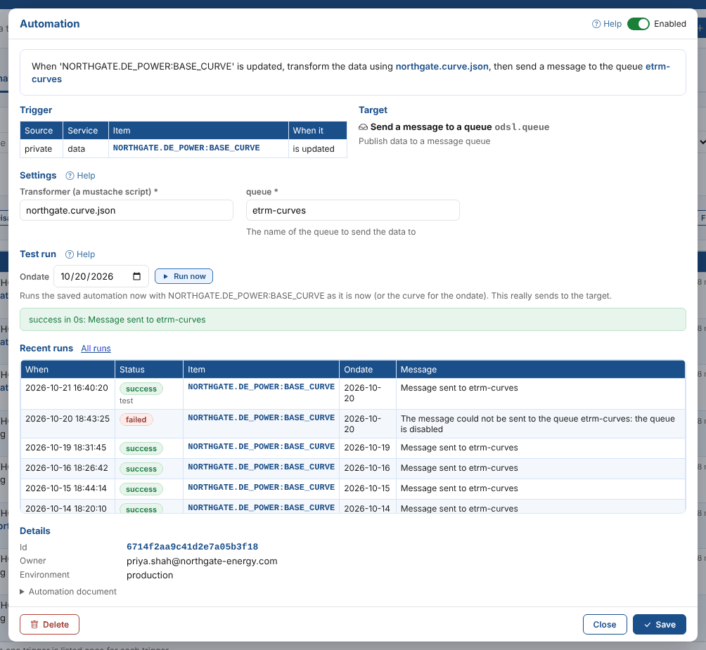The editor of the automation that sends the German power base curve to the queue
