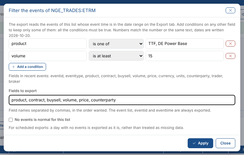 Filtering the events of the ETRM trades list