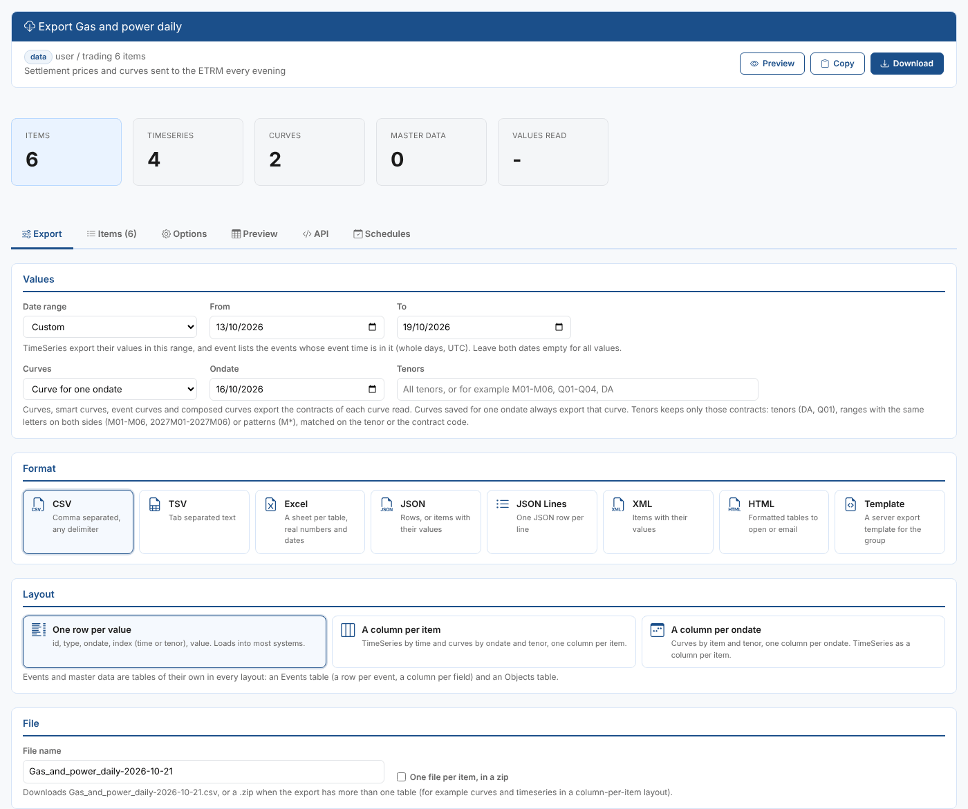 The Export tab, with the date range, curve, format, layout and file settings