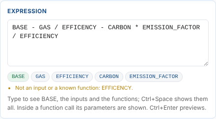 The expression with EFFICENCY misspelt, and the warning that it is not an input or a known function