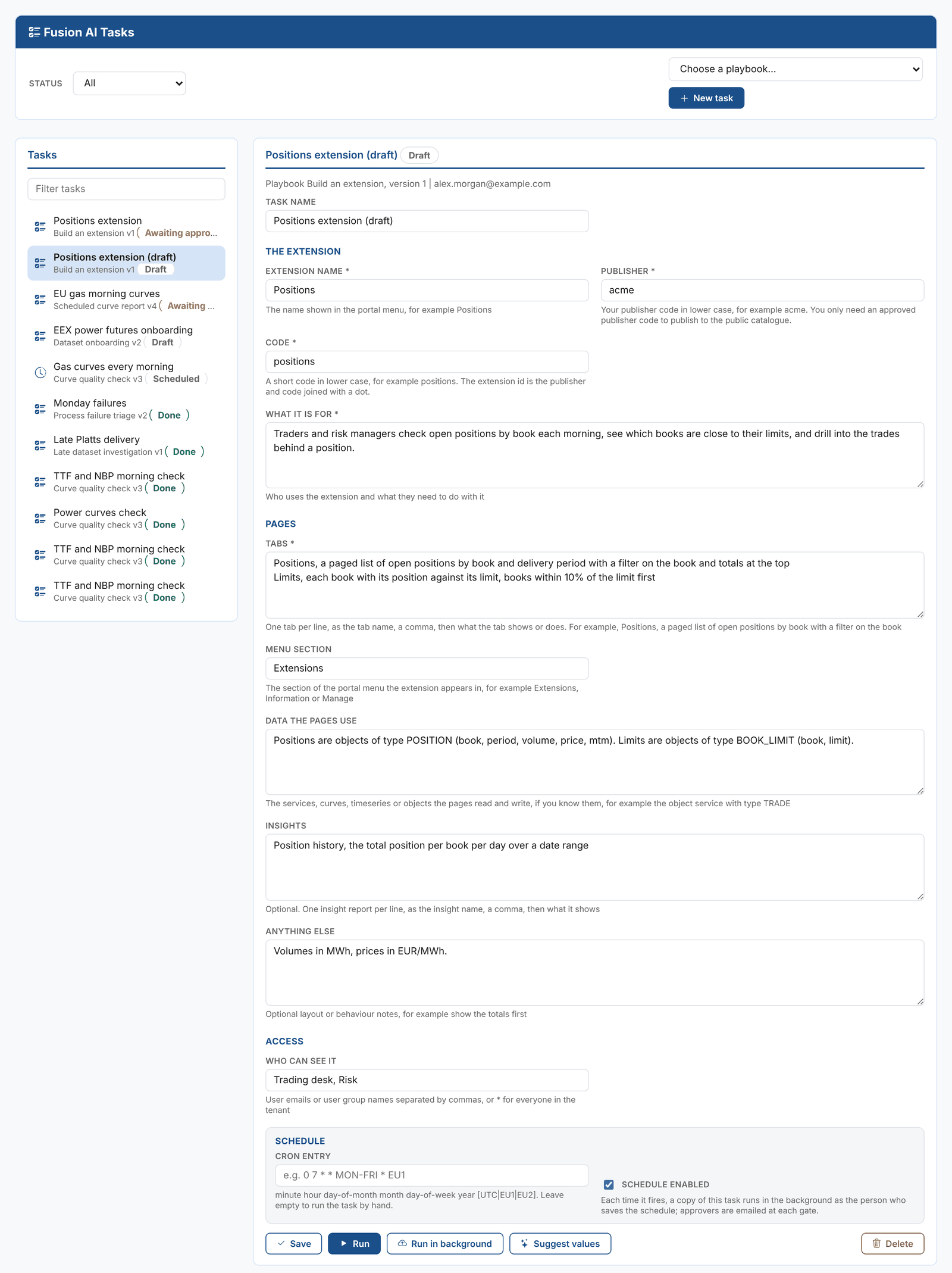 The task form for a Positions extension
