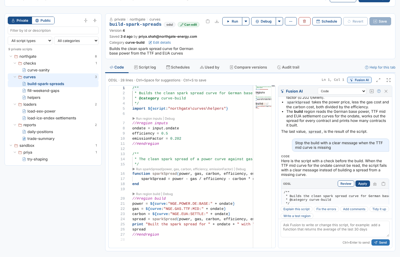 Fusion AI explaining the spark spread script, then proposing a change