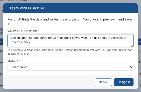 Create with Fusion AI: a clean spark spread for German peak power with TTF gas and EUA carbon, at 52% efficiency