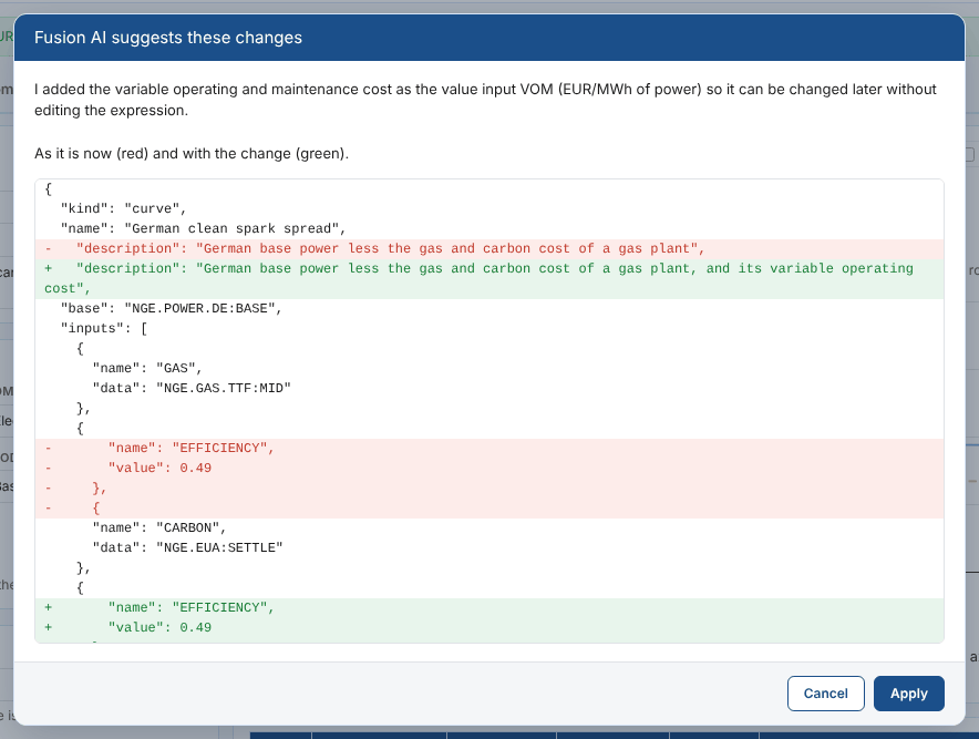 Fusion AI suggests these changes: a new value input VOM taken off in the expression
