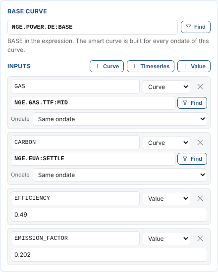 The Base curve and Inputs cards: GAS and CARBON curves with their ondate option, and the values EFFICIENCY and EMISSION_FACTOR