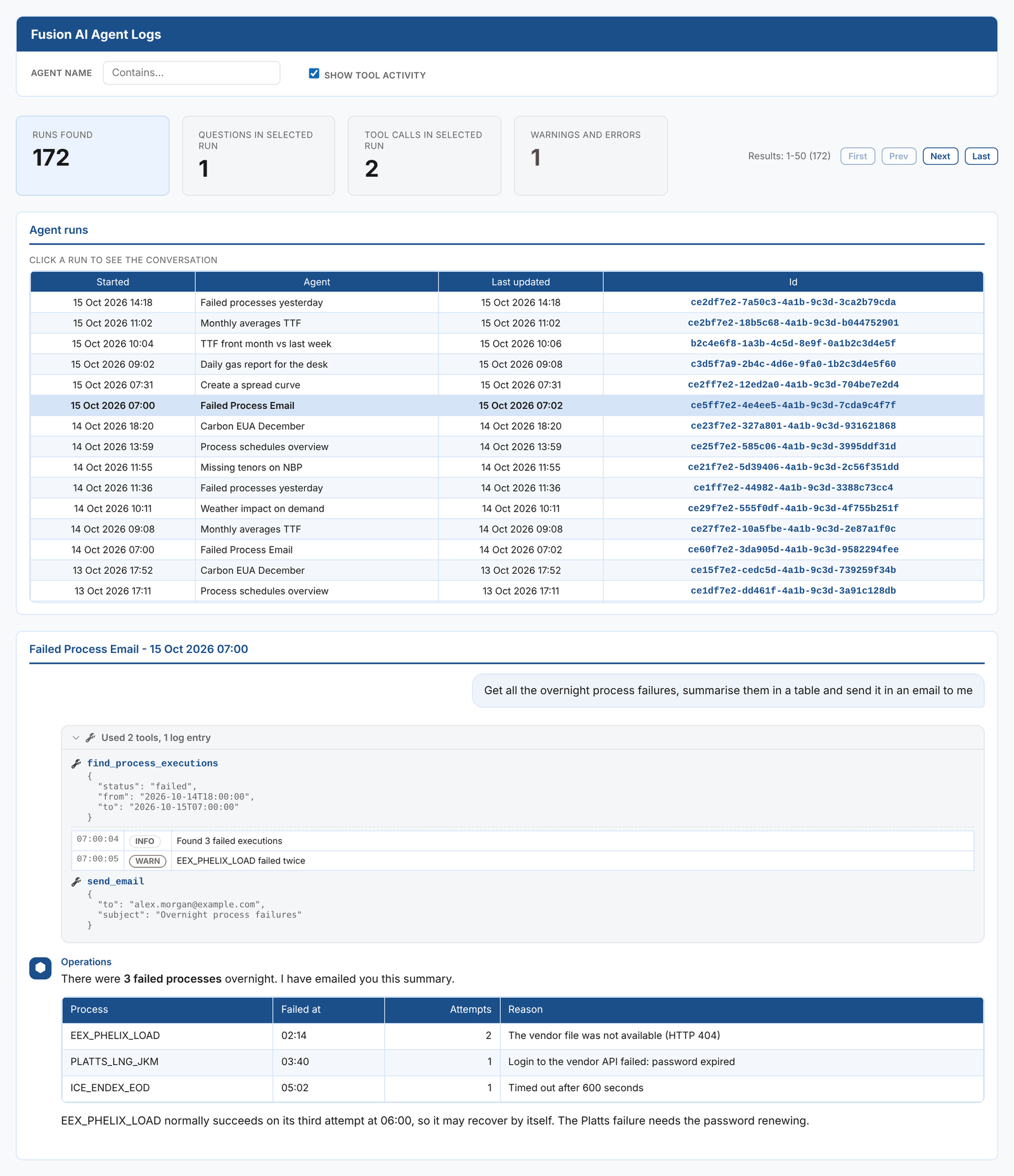An agent run in the Agent Logs insight