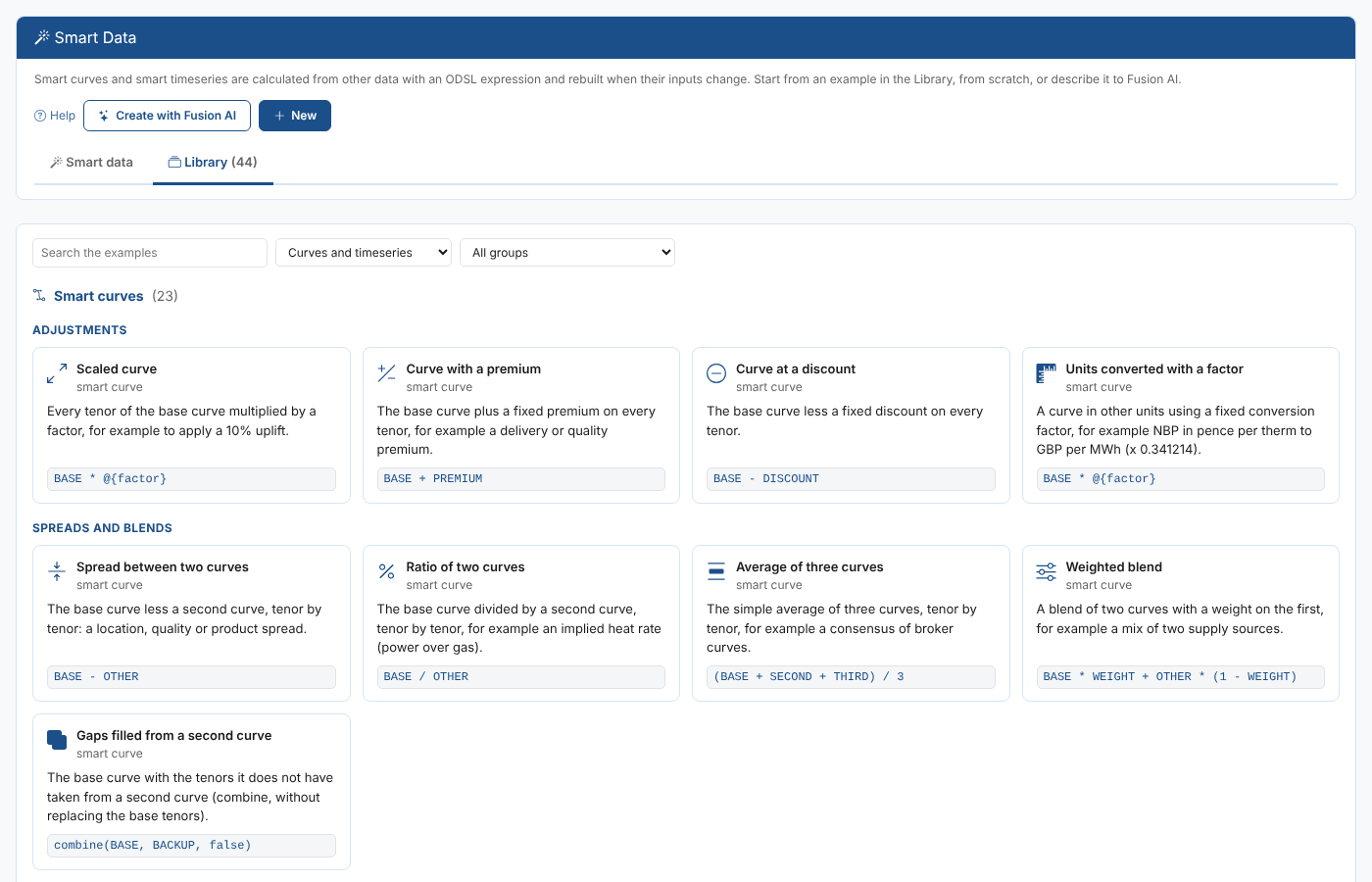 The Library tab with the smart curve examples grouped as Adjustments and Spreads and blends