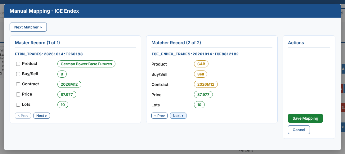 Manual mapping of a partly matched exchange trade