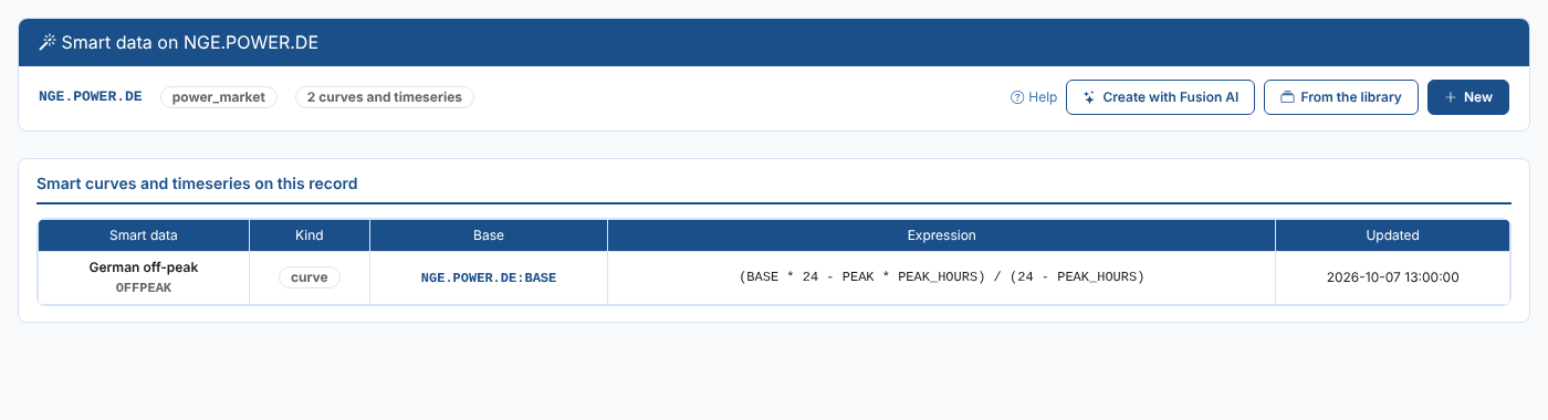 The Smart Data tab of the master data record NGE.POWER.DE, with the German off-peak curve
