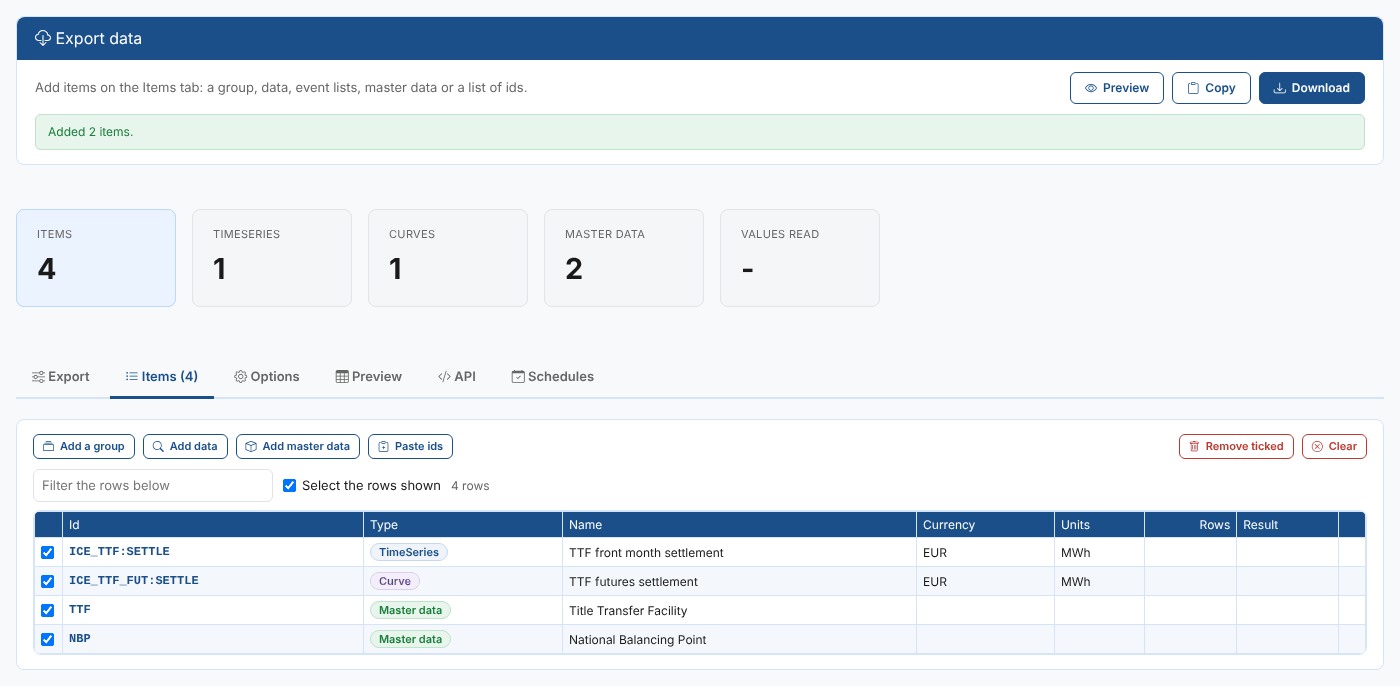 The Export data screen with two data items and two master data objects