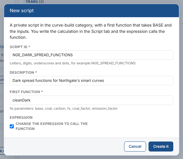 New script: NGE_DARK_SPREAD_FUNCTIONS with a first function cleanDark, and the expression changed to call it