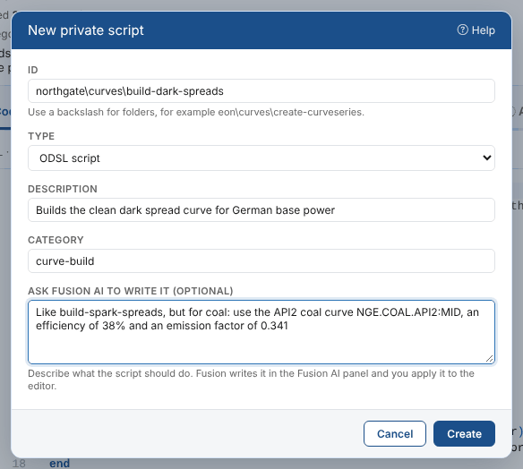 The New script dialog