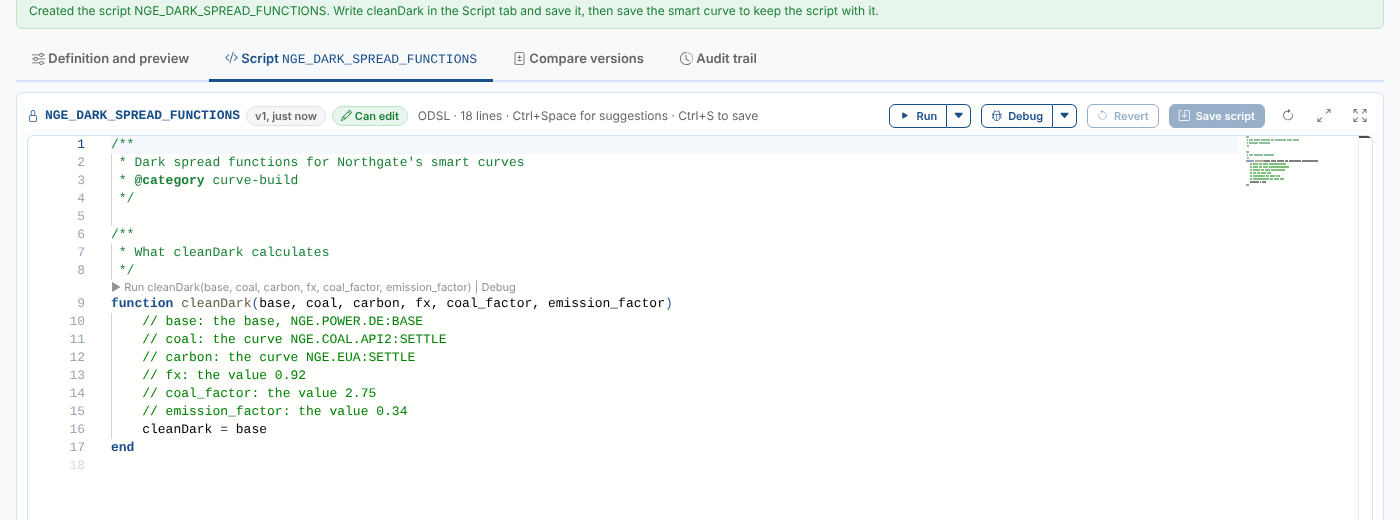 The new script in the Script tab: the header comment, and cleanDark with a comment for each parameter