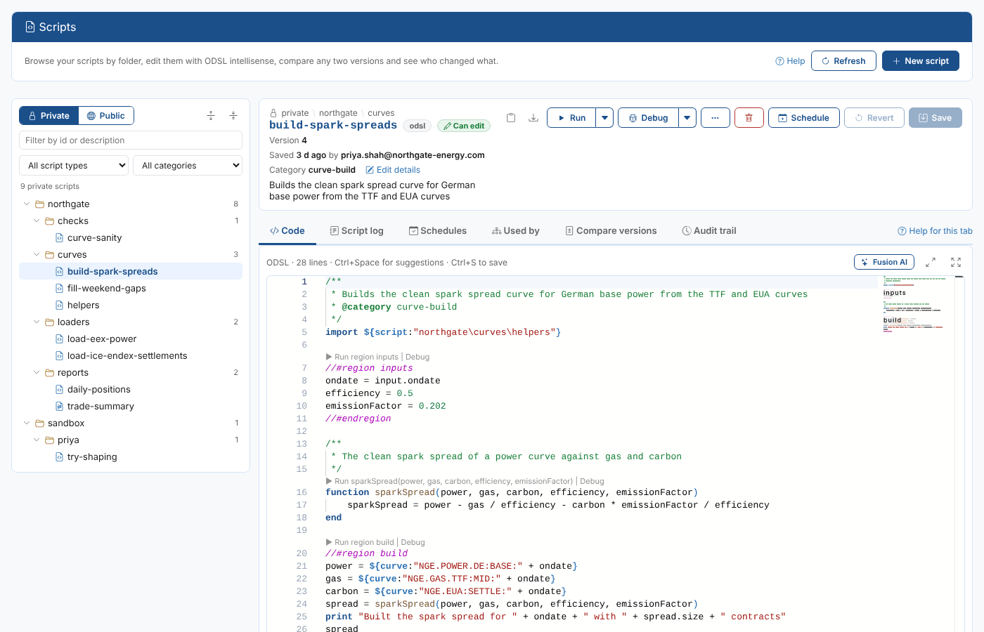 The Script Manager with the spark spread script open in the editor
