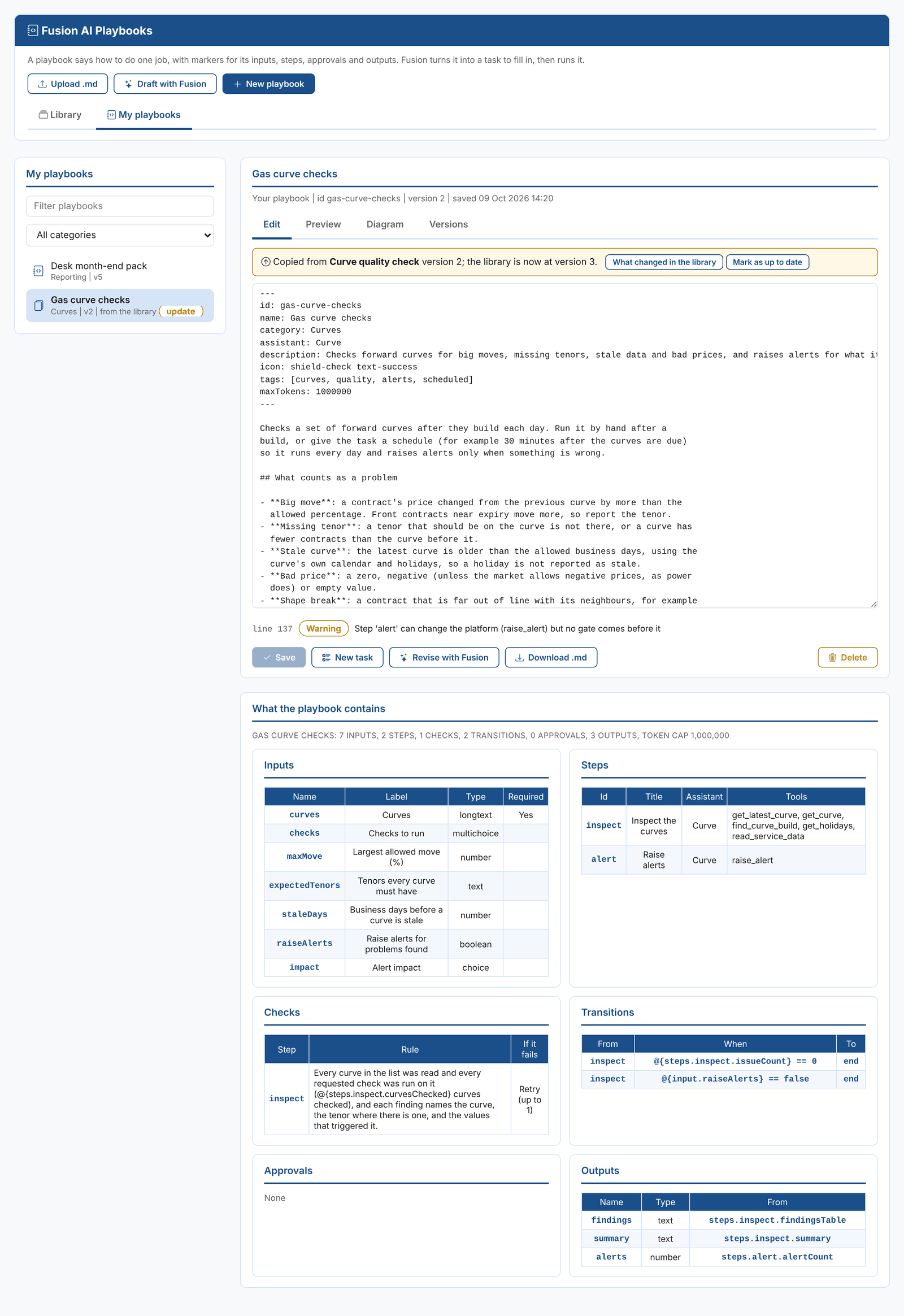 The playbook editor with a copy of a library playbook, its check results and what it contains
