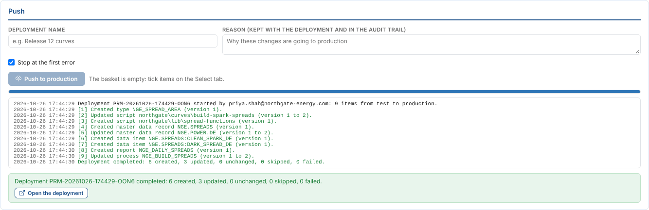 The finished deployment and its log