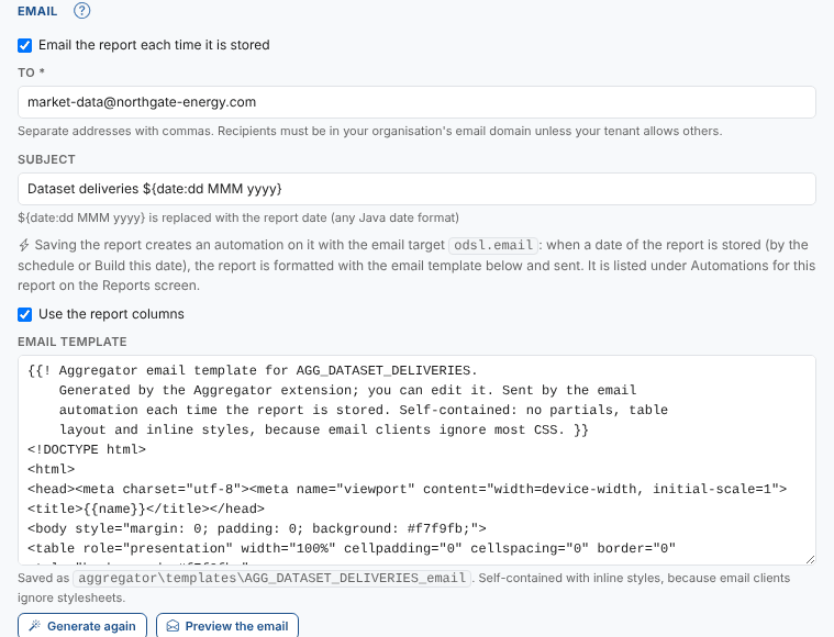 The email settings and the email template