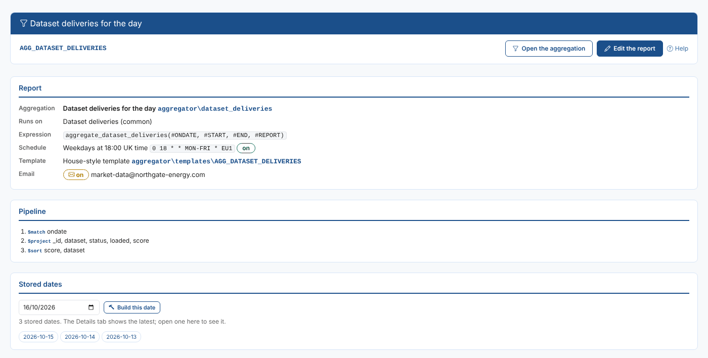 The Aggregator tab for the dataset deliveries report