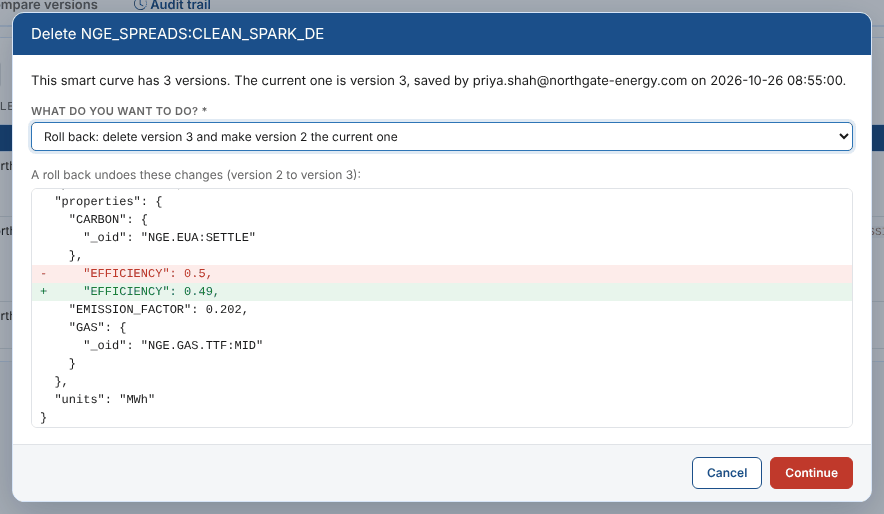 Delete NGE_SPREADS:CLEAN_SPARK_DE: roll back to version 2, showing that a roll back undoes the efficiency change