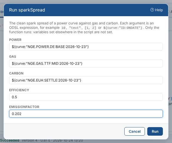 Running sparkSpread with the three curves for 23 October