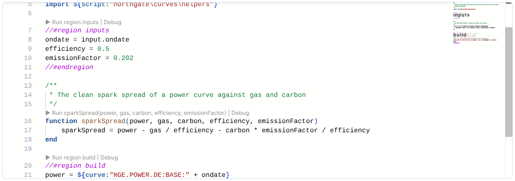 Run links above the inputs region, the sparkSpread function and the build region