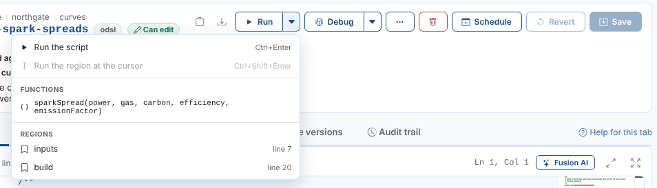 The Run menu with the script's function and its two regions