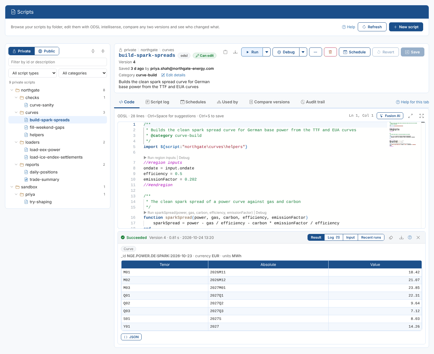 The spark spread script run, with the curve it returned