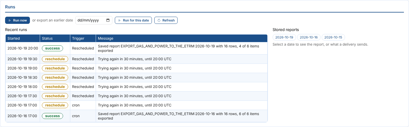 Recent runs and stored reports