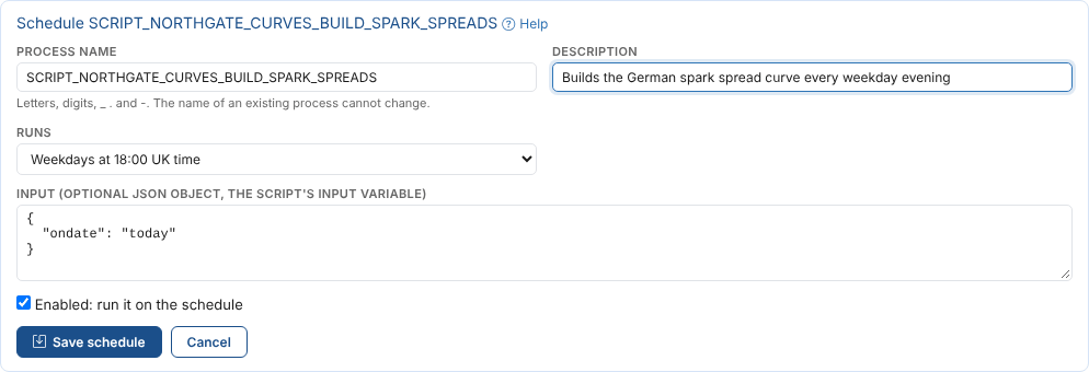 The schedule of the spark spread script