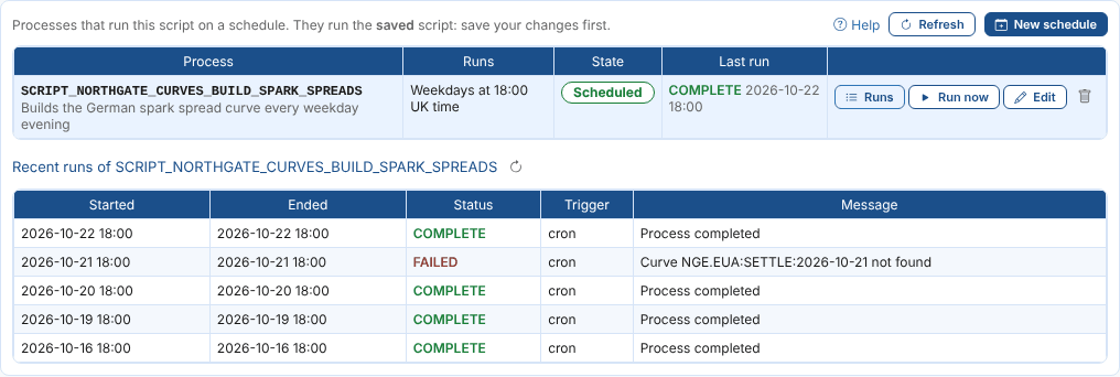 The Schedules tab with the schedule and its last runs