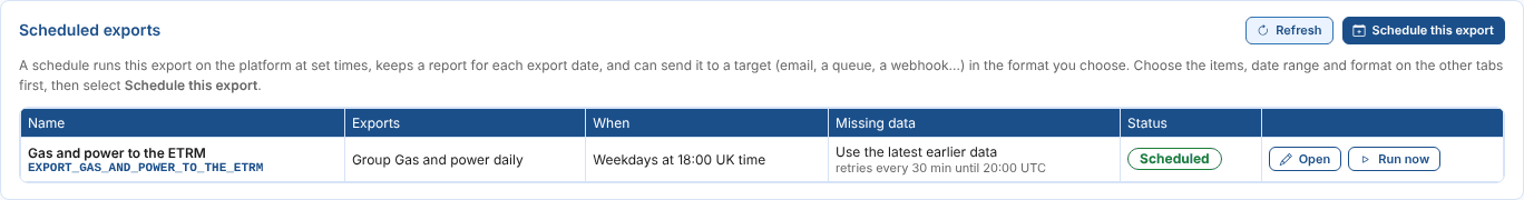 The Schedules tab with Northgate Energy's scheduled export