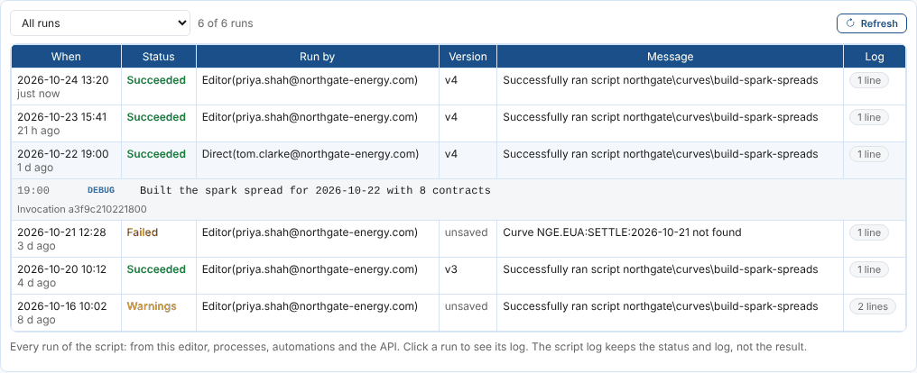 The script log of the spark spread script, with one run opened to show its log