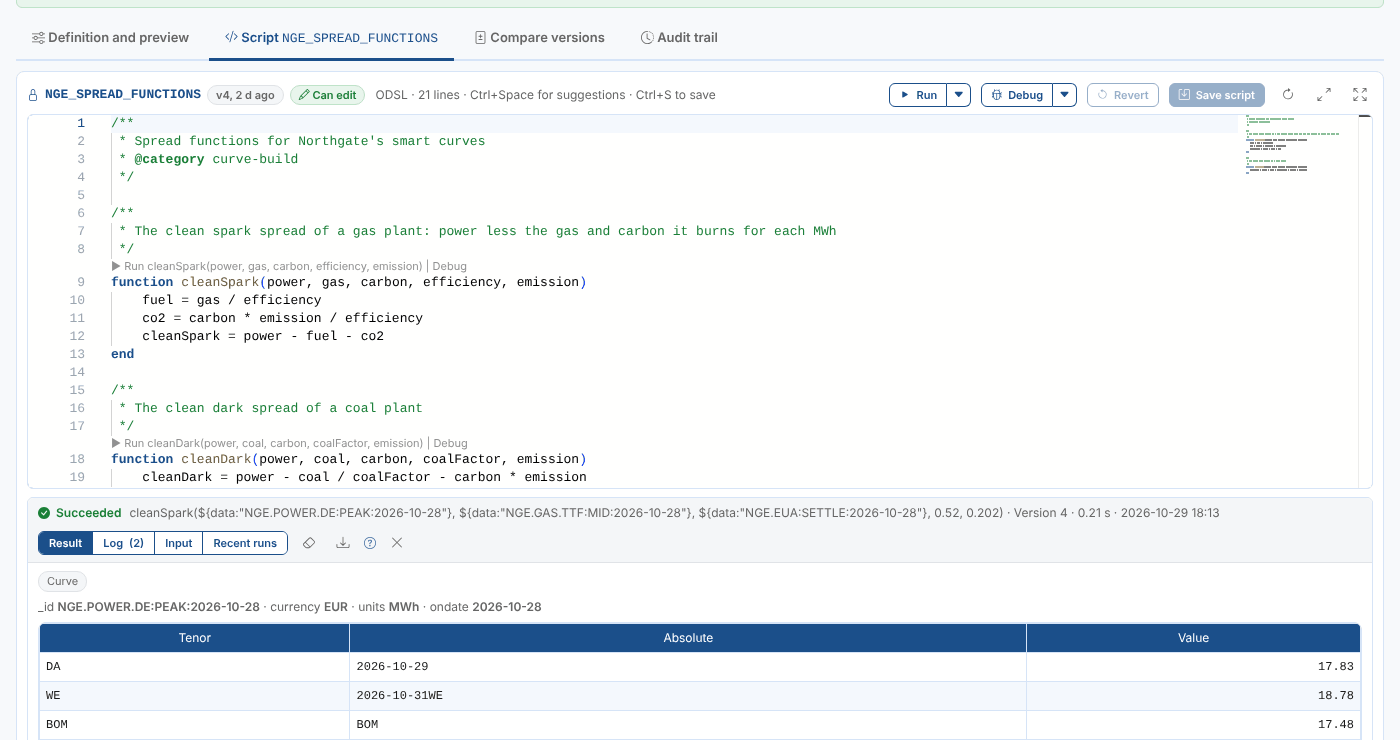 The Script tab with NGE_SPREAD_FUNCTIONS, and the result of running cleanSpark for 28 October in the output panel
