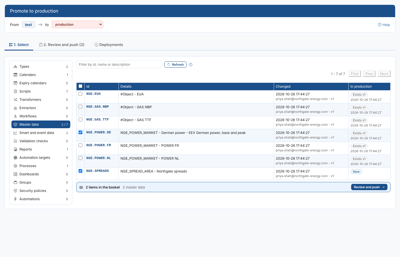 The Select tab with two master data records in the basket
