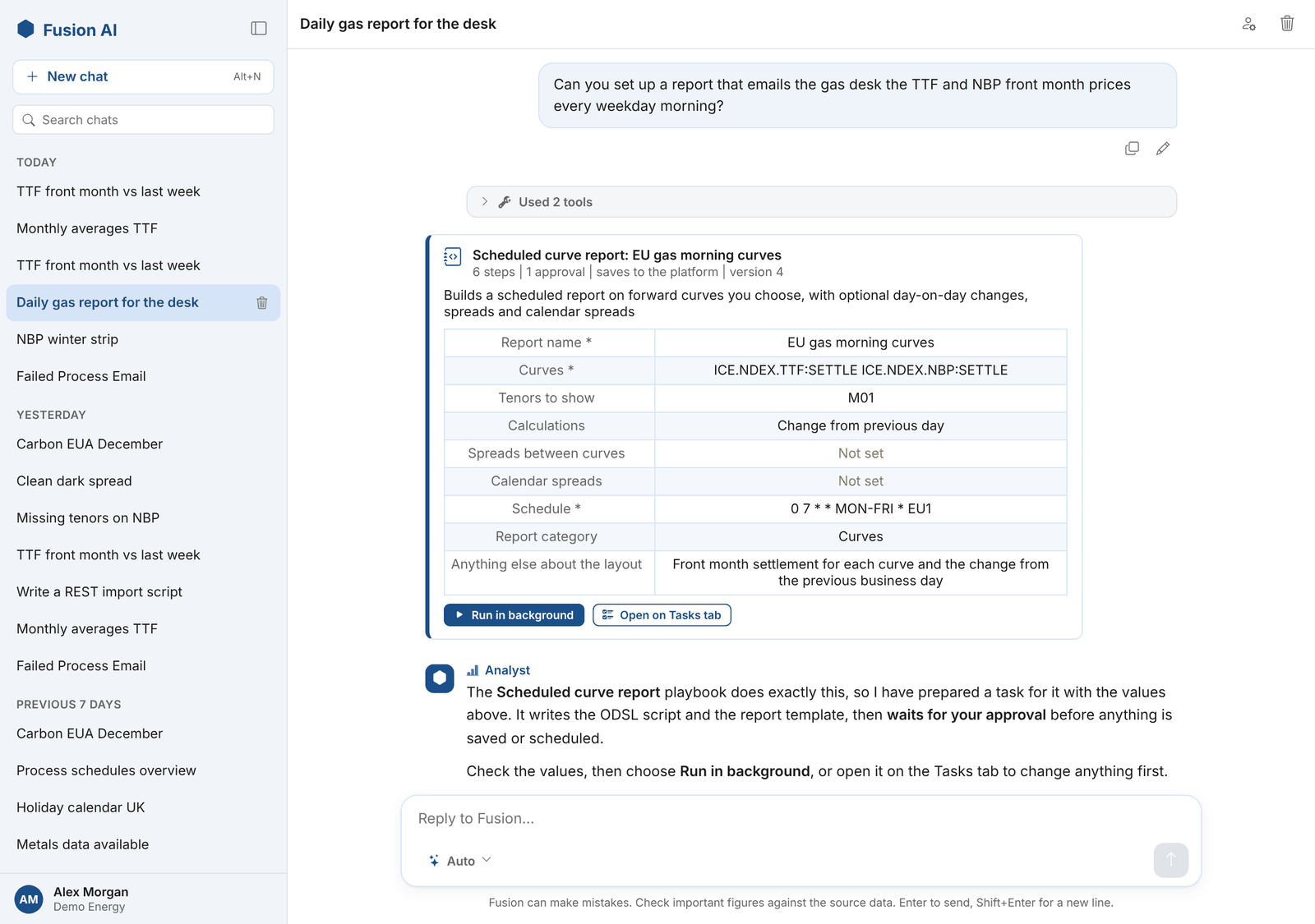 A playbook task prepared in the chat