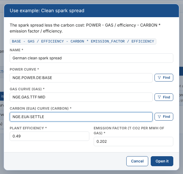 Use example: Clean spark spread, with the German power, TTF gas and EUA carbon curves filled in