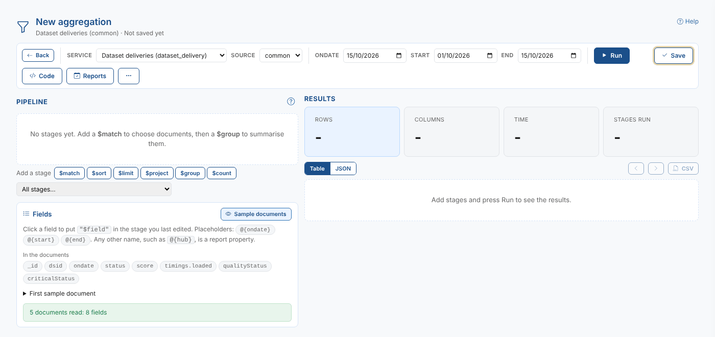 Sample documents lists the fields of the dataset deliveries